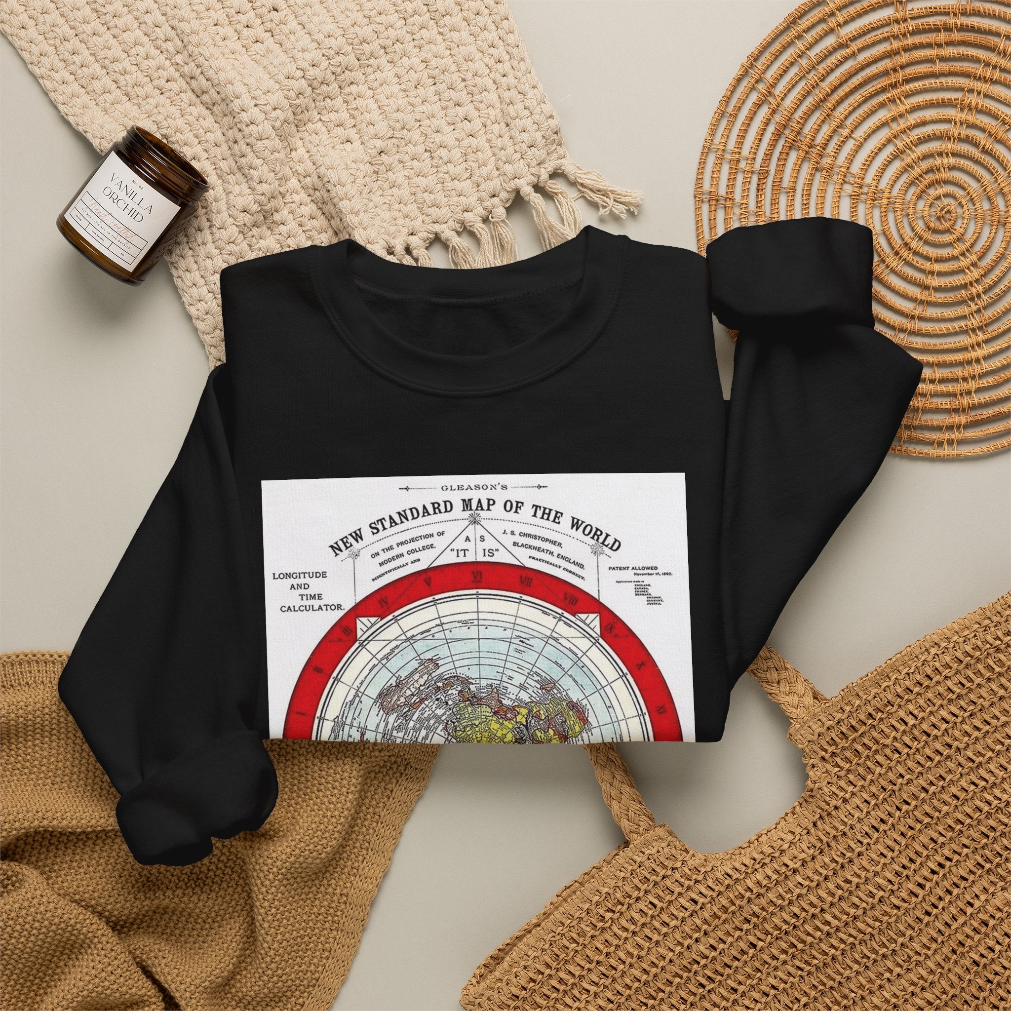 Vintage World Map Crewneck Sweatshirt — Retro Polar Projection Graphic