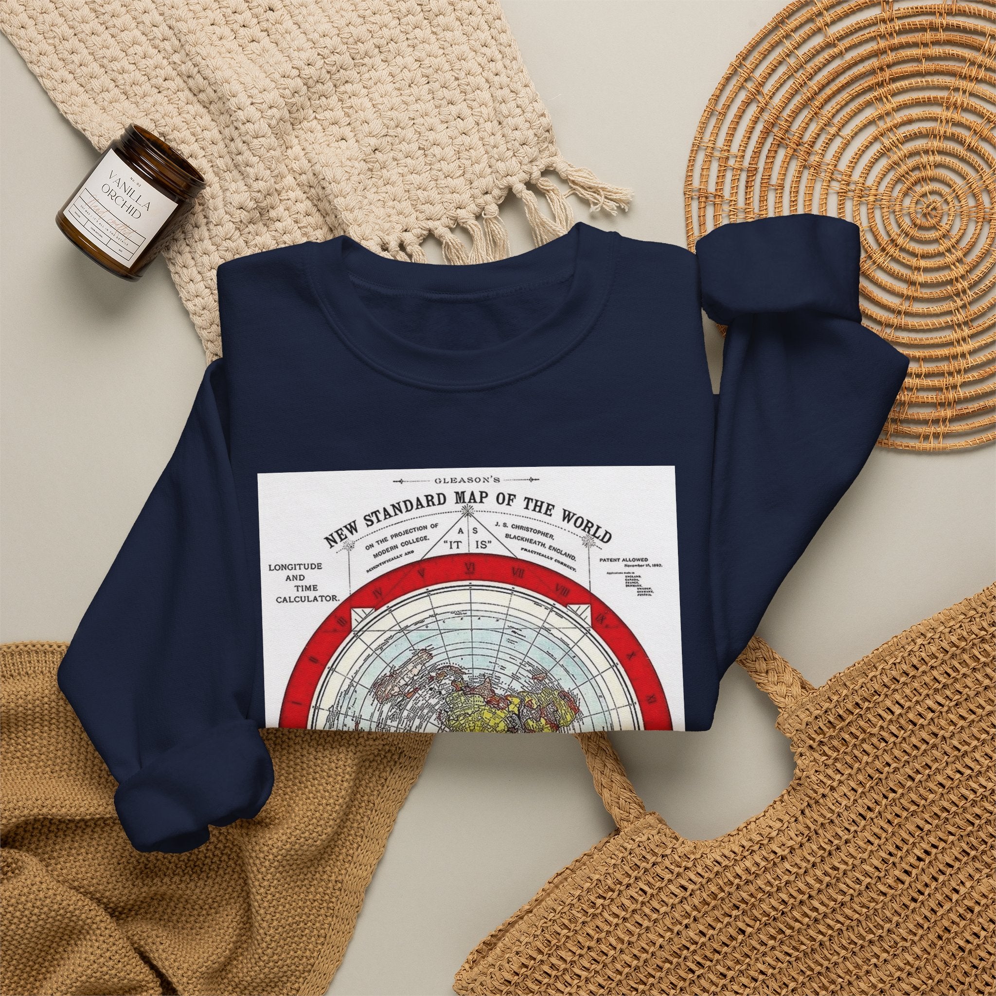 Vintage World Map Crewneck Sweatshirt — Retro Polar Projection Graphic