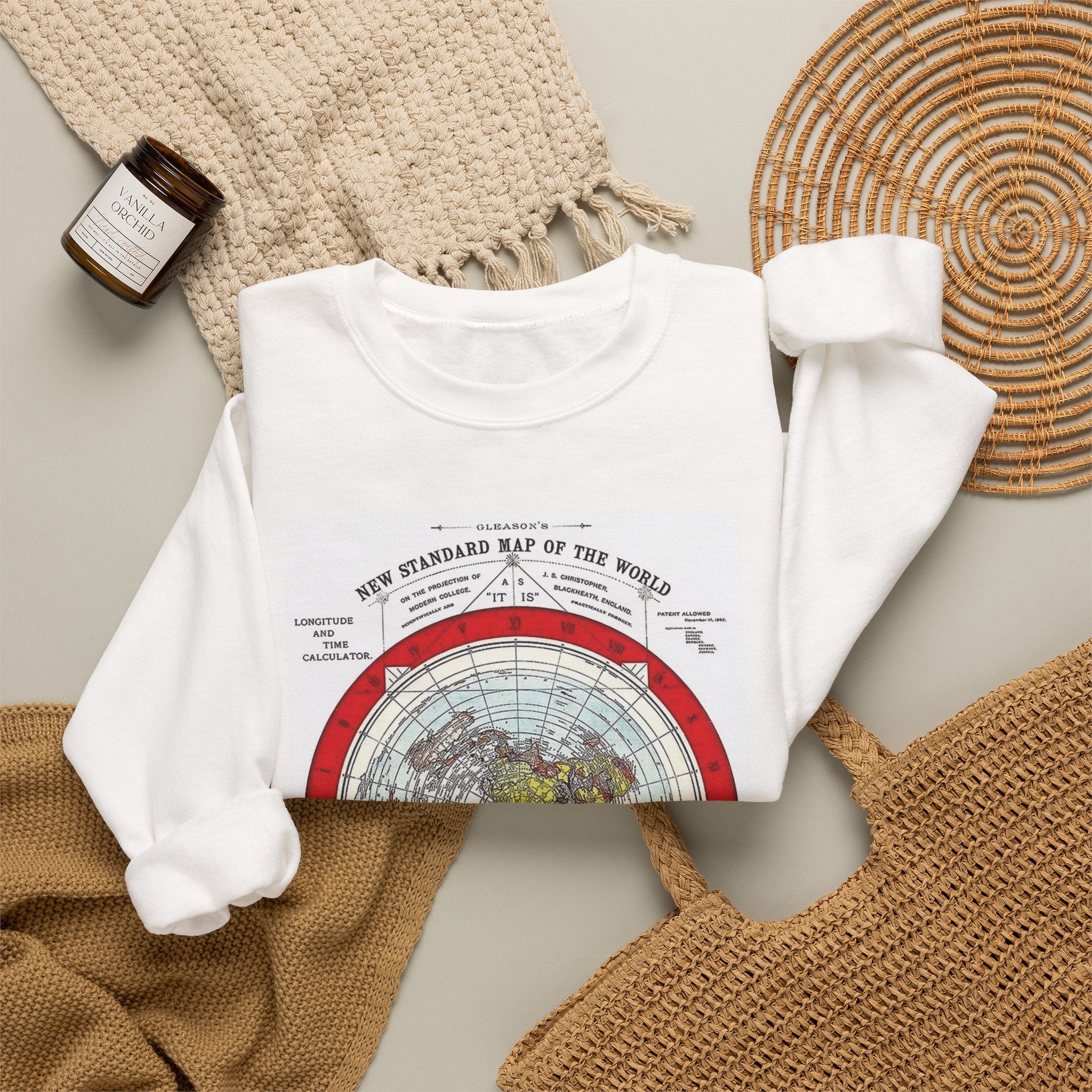Vintage World Map Crewneck Sweatshirt — Retro Polar Projection Graphic